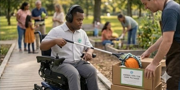 Man in wheelchair volunteering at animal shelter, packing supplies.