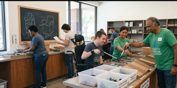 Volunteers sorting and packing items in a bright, organized room.