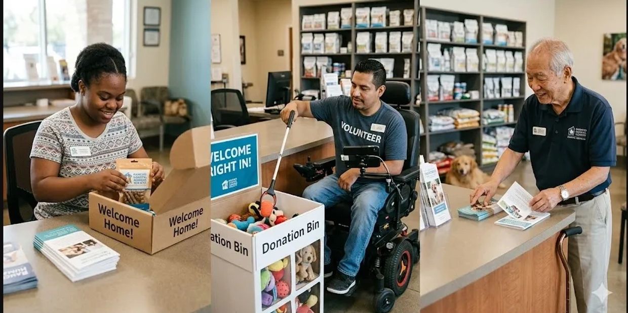 Volunteers organizing pet supplies and brochures at a donation center.