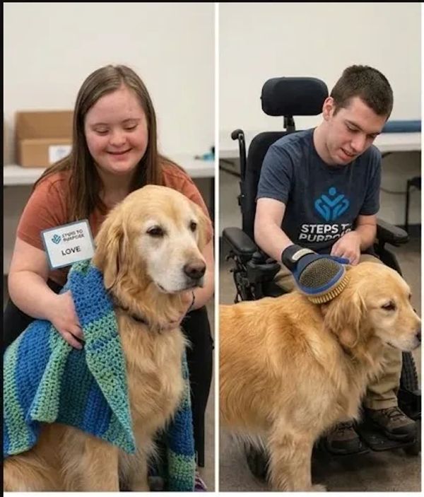 Two individuals with disabilities enjoy bonding moments with a golden retriever dog.