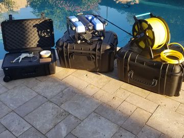 Fully assembled Blue ROV2 with all accessories, by the pool