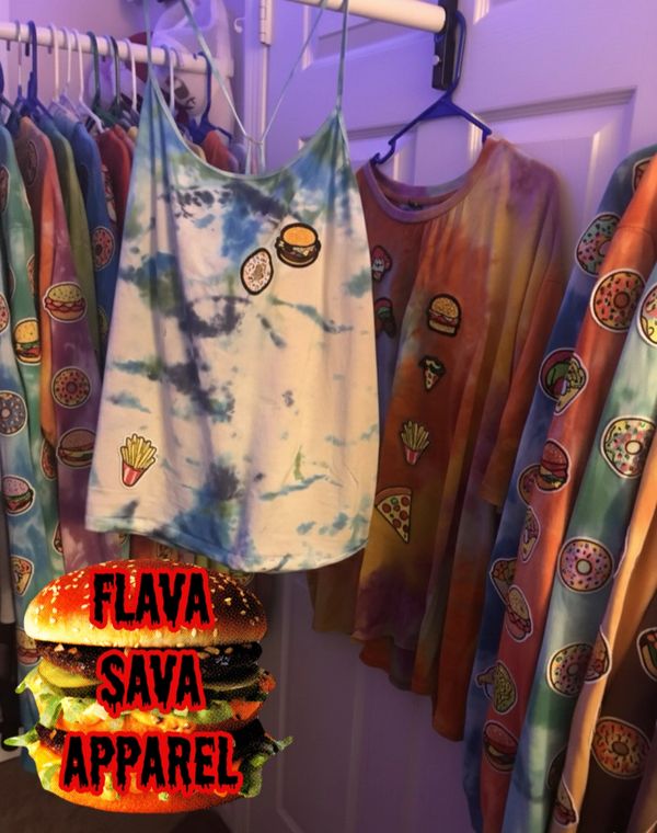 Tie-dye clothes with food patches, featuring burgers, fries, and donuts.