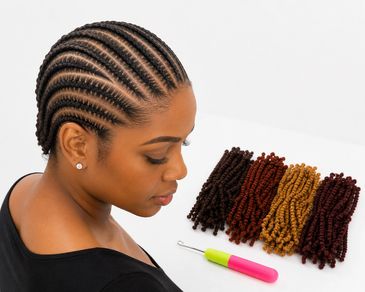 Woman with cornrow braids and crochet hair extensions.
