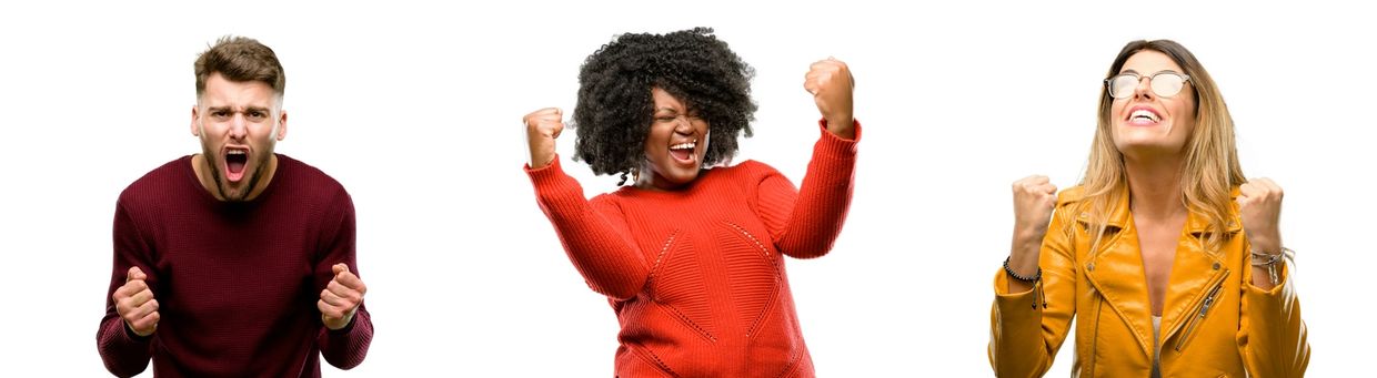 Three people celebrate with clenched fists and excited expressions.