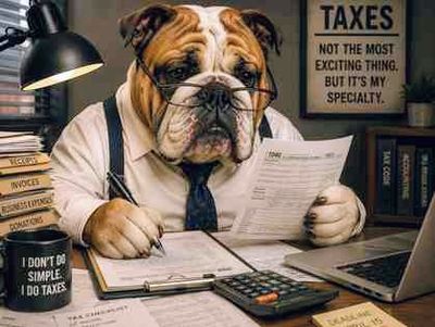 Bulldog in glasses doing taxes at a desk.