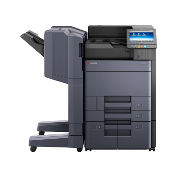 A modern multifunction office printer with a touchscreen display.