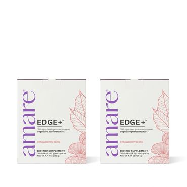 Two boxes of Amare Edge+ Strawberry Bliss dietary supplement with purple and pink design.