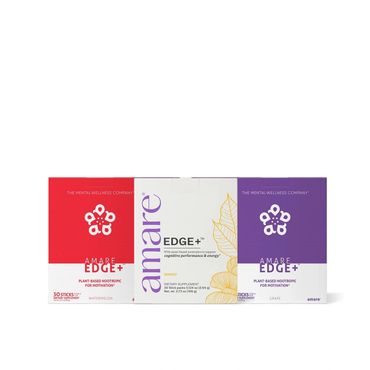 Three Amare Edge+ nootropic dietary supplement boxes in watermelon, mango, and grape flavors.