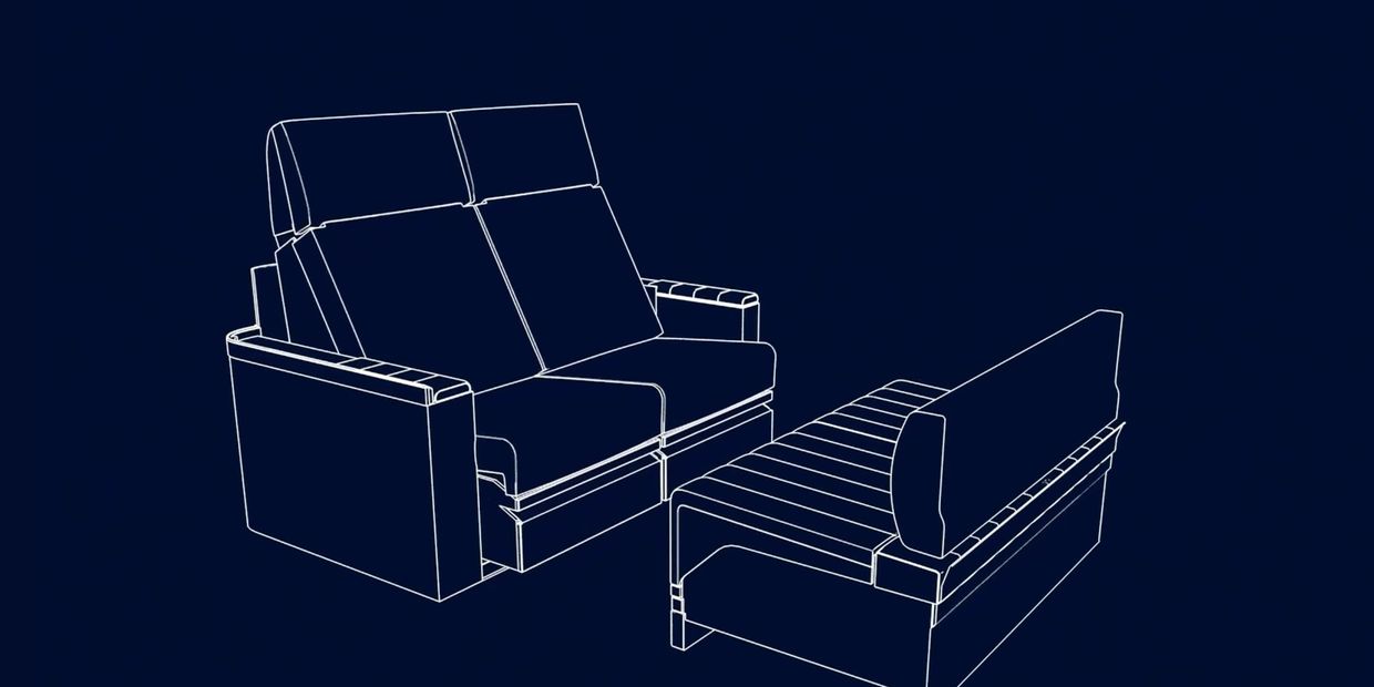 3D wireframe model of a sofa with detailed cushions and armrests.