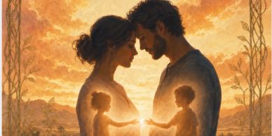 Couple touching foreheads with child silhouettes inside them at sunset.