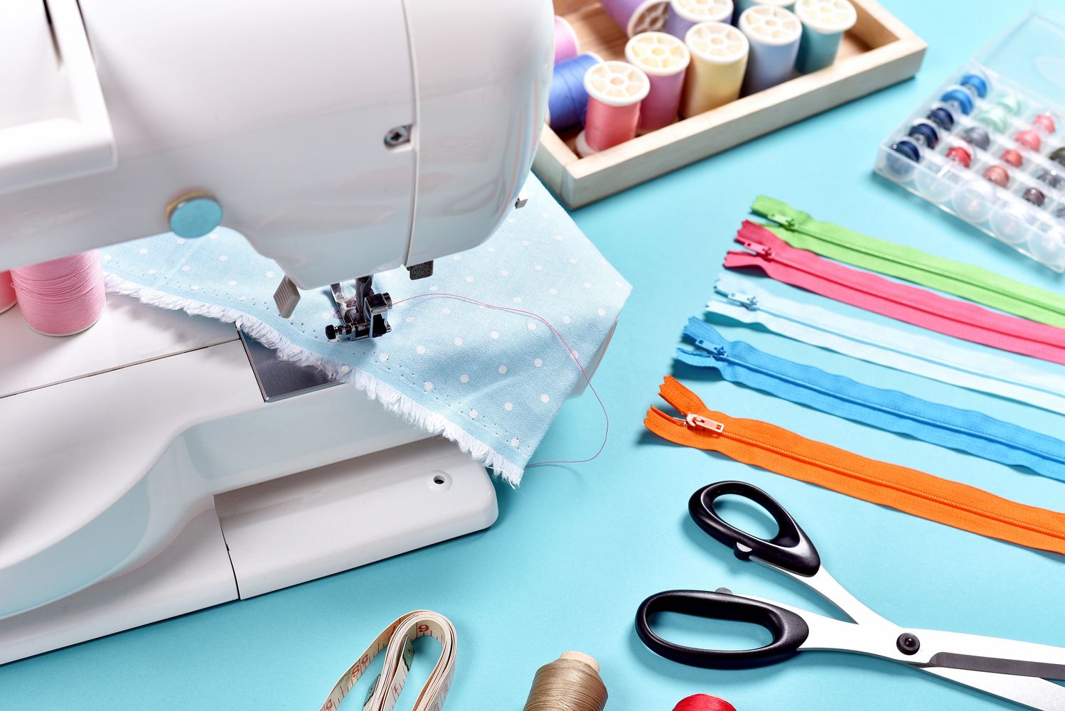 Pastel background, Cressmaker and office designer, hand accessories, roll yarn,