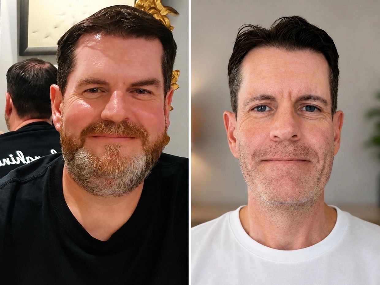 Before and after photo showing man's beard growth and grooming changes.