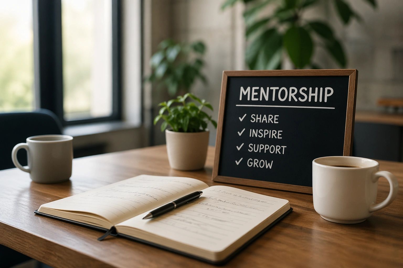 Mentorship concept with a chalkboard and notebook on a wooden table.