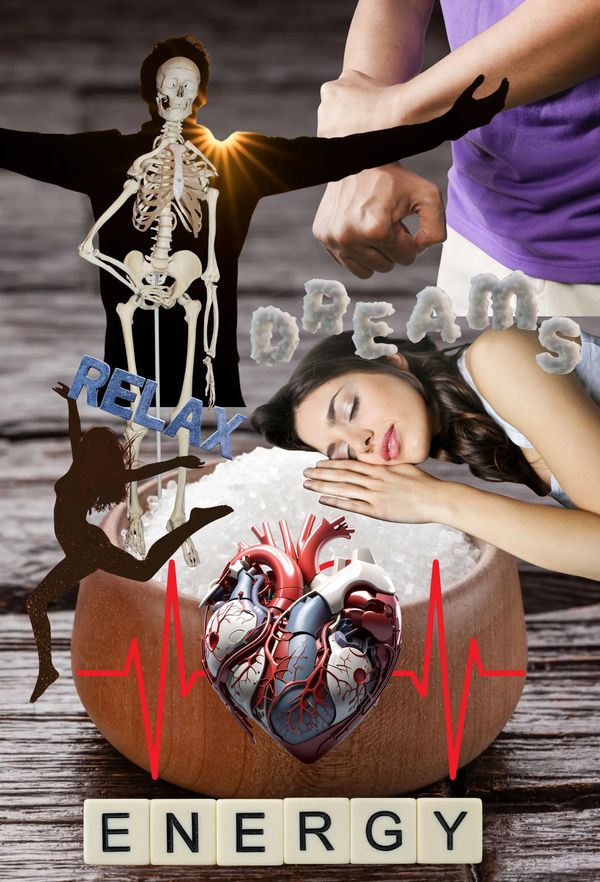 An arm having a cramp, a woman sleeping, a human skeleton, and a human heart.