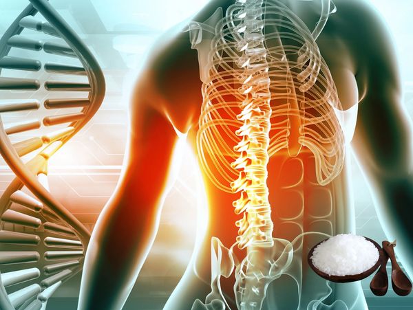 The skeletal system in a body and a bowl with magnesium chloride crystals.