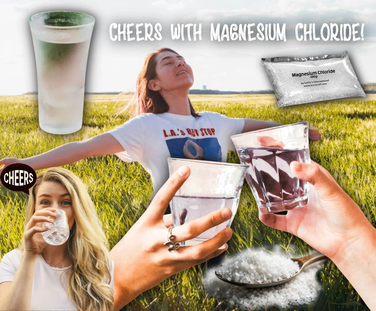 Mix of images, cheers, & drinking with magnesium chloride, the product package, and a spoon with MC