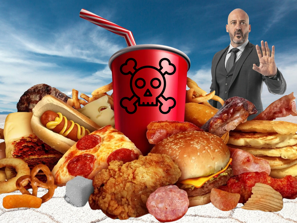 All kinds of junk food and soda drink, and behind a man telling you with his hand to stop.