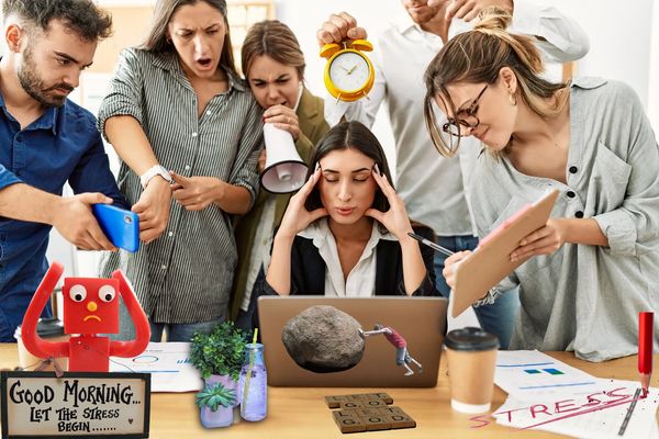 A working woman is surrounded by many people, causing her a lot of stress.