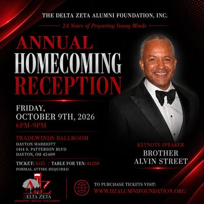 Flyer for Delta Zeta Alumni Foundation's 2026 Homecoming Reception event.