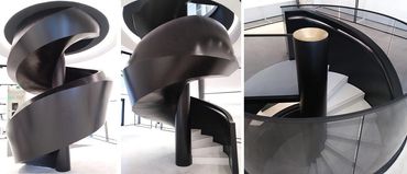 Three views of a black spiral stair with curved metal panels and pale treads.