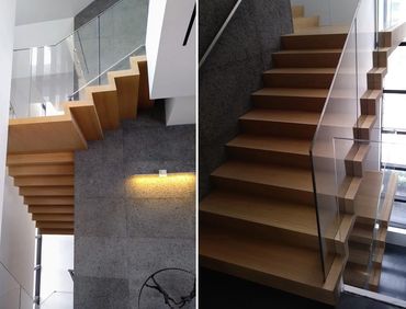 Two views of timber stair treads beside clear glass balustrades and a dark textured wall.