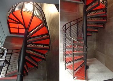 Two views of a red-tread spiral staircase with a dark column and curved metal railings.