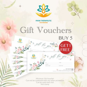 Gift vouchers for Thai massage with buy 5 get 1 free offer.