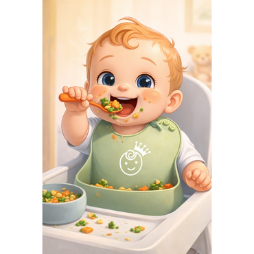 Happy baby eating vegetables with a spoon in a high chair.