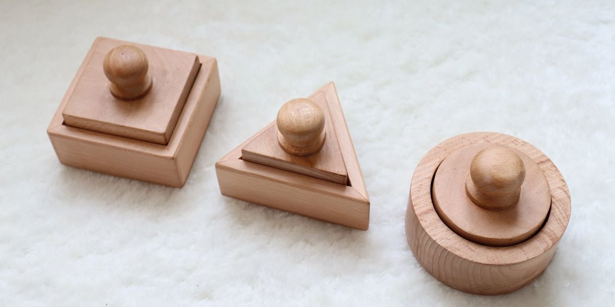 Square handmade wooden toy, triangle handmade wooden toy, circle handmade wooden toy
