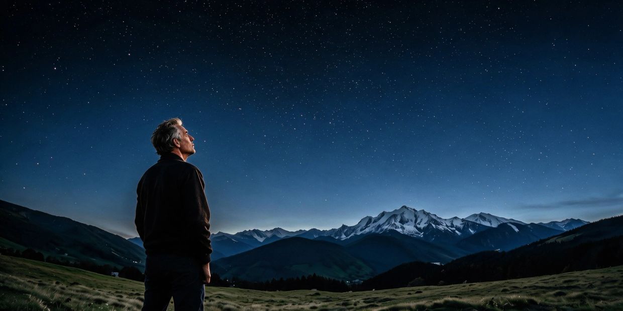 Man gazing at starry night over snowy mountains.