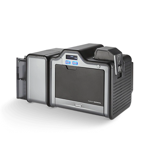 A compact HID Fargo ID card printer in black and gray.