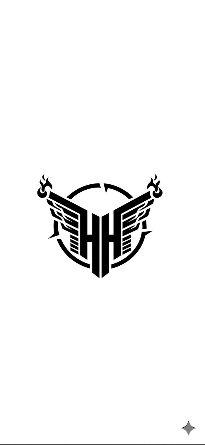 Black stylized wings with flames and circular design, forming the letters 'HH'.