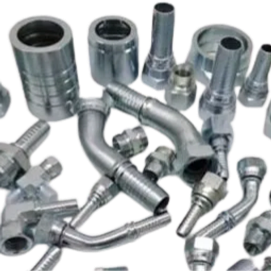 Various metal hydraulic hose fittings and connectors.