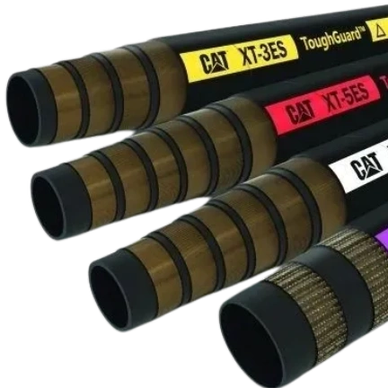 Four heavy-duty CAT hydraulic hoses with different labels and colored bands.