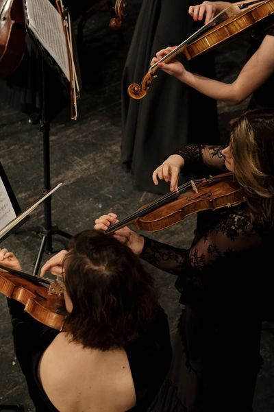 Violinists playing in an orchestra, dressed in elegant black attire.
