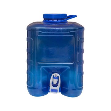 Blue plastic water container with a white and blue tap.