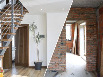 Split image showing a finished modern interior and an unfinished brick construction site.