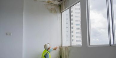 Worker inspecting mold damage on ceiling and wall near a window.