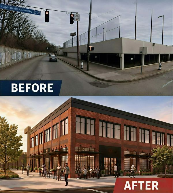 Before and after images of an urban transformation from a parking garage to a vibrant brick building with outdoor seating.