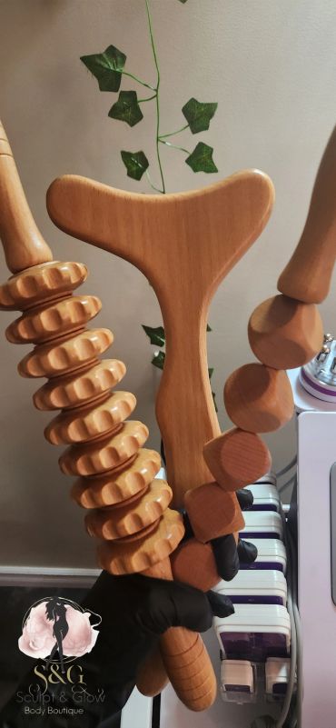 Wooden muscle rollers for body massage.