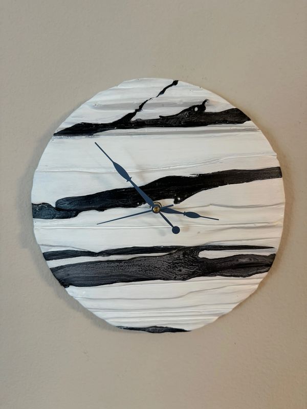 Round Plaster Clock, 12in diam, Contemporary Art, White with Black Paint Splash