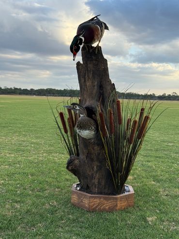Small rustic base with log and two wood ducks mounted on it.