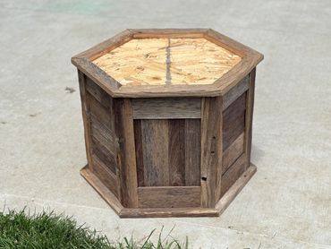 Mid sized hexagon barnwood taxidermy base handcrafted with reclaimed gray barnwood.