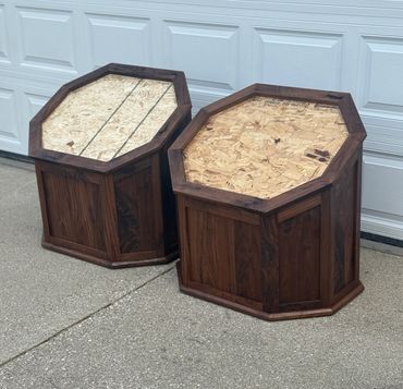2 octagon walnut bases with slanted top, built for large custom game display.