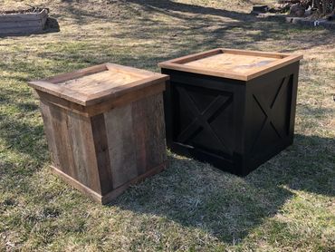 One barnwood and one modern base for large taxidermy display for large game mounts.