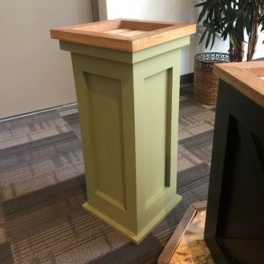 Custom square sage taxidermy pedestal with natural hardwood top for game mount.