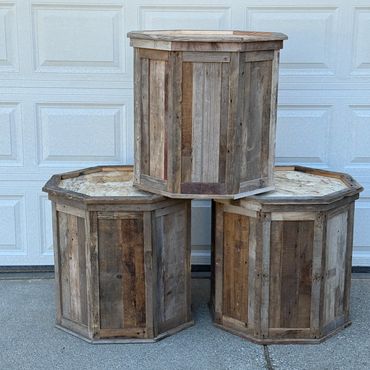 Stack of 3 Barnwood octagon bases built for Elk mounts, built by Nichols Taxidermy Bases.