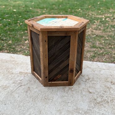 Custom hexagon base built of dark barn wood for deer mount.