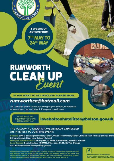 Flyer promoting Rumworth community clean-up event from May 7th to 24th.