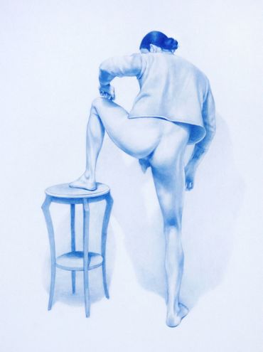 Diptych, Still-life No. 2 (Self Portrait With Table), blue pencil on mylar, 9 x 12 inches, 2011.
